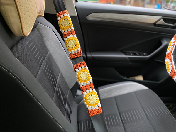 Handmade Crochet Steering Wheel Cover Rainbow Sunflower Granny Square Car Accessories Decor Safe Belt Cover