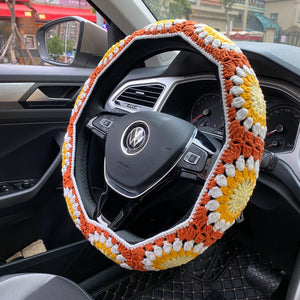 Handmade Crochet Steering Wheel Cover Rainbow Sunflower Granny Square Car Accessories Decor Safe Belt Cover