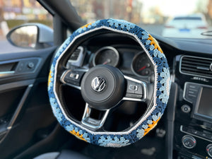 Sun Moon handmade car steering wheel cover, Car decoration, Blue Sun Moon seat belt cover, New car gift, Crochet car accessories, Gift