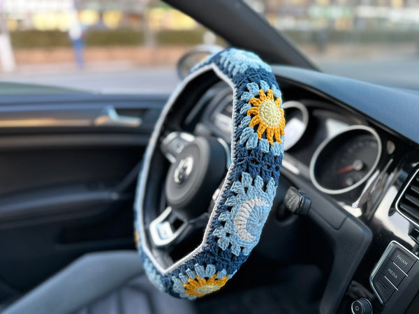 Sun Moon handmade car steering wheel cover, Car decoration, Blue Sun Moon seat belt cover, New car gift, Crochet car accessories, Gift