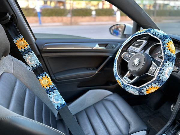 Sun Moon handmade car steering wheel cover, Car decoration, Blue Sun Moon seat belt cover, New car gift, Crochet car accessories, Gift