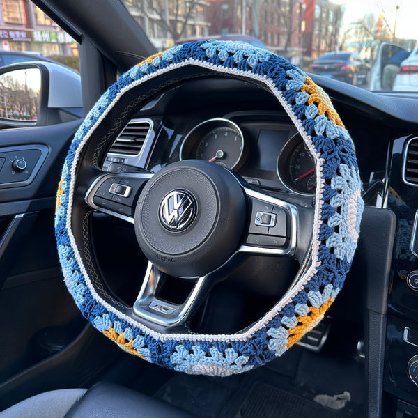 Sun Moon handmade car steering wheel cover, Car decoration, Blue Sun Moon seat belt cover, New car gift, Crochet car accessories, Gift