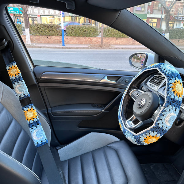 Sun Moon handmade car steering wheel cover, Car decoration, Blue Sun Moon seat belt cover, New car gift, Crochet car accessories, Gift