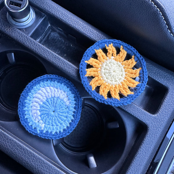 Sun Moon handmade car steering wheel cover, Car decoration, Blue Sun Moon seat belt cover, New car gift, Crochet car accessories, Gift
