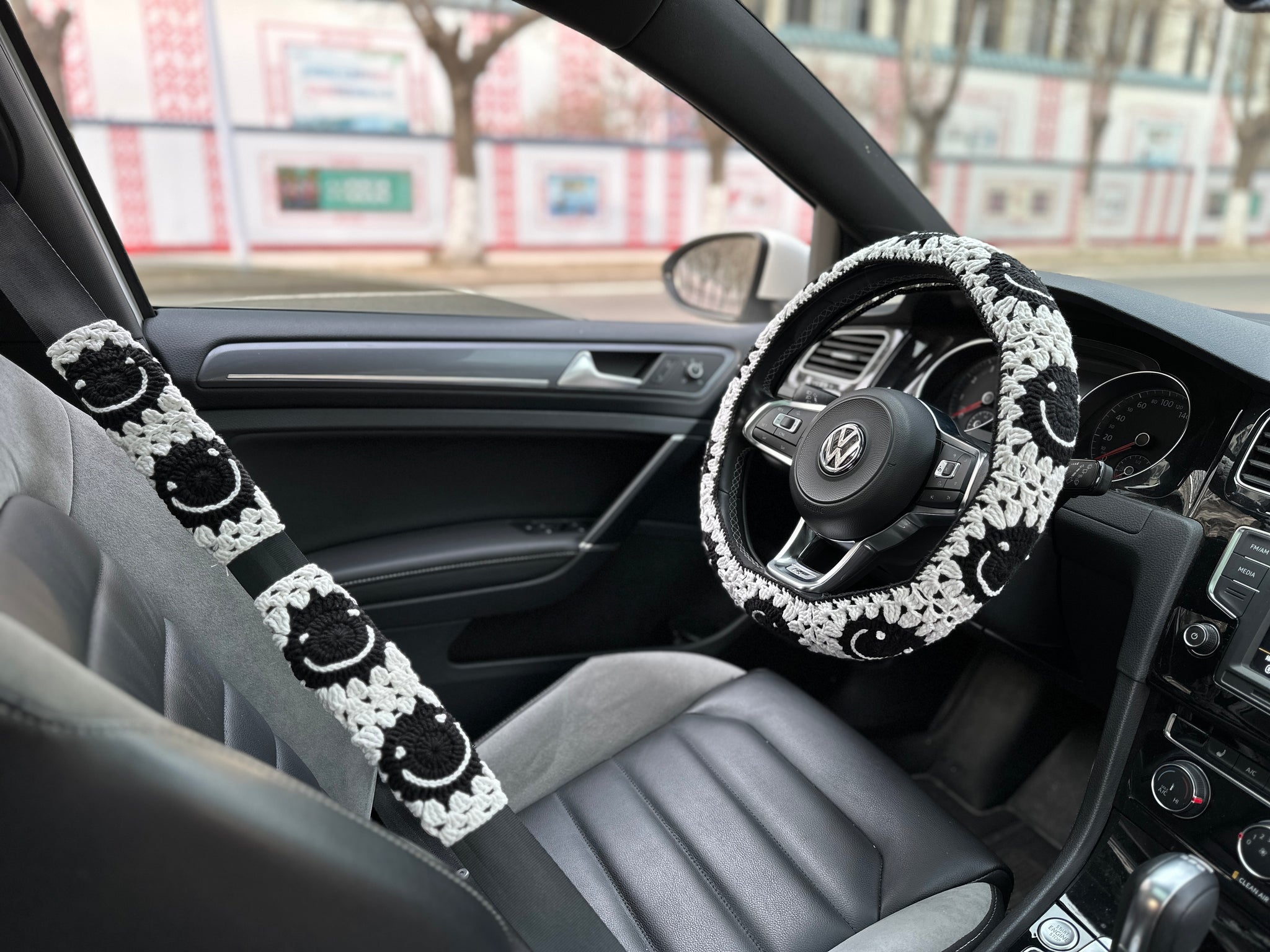 White Smile Car Steering Wheel Cover, Handmade Crochet Smile Seat Belt Cover, Smile Headrest Cover, Car Decoration Seat Belt Cover
