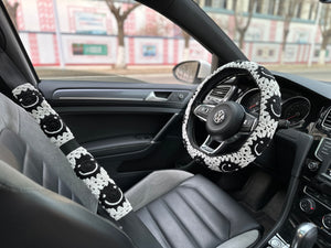 White Smile Car Steering Wheel Cover, Handmade Crochet Smile Seat Belt Cover, Smile Headrest Cover, Car Decoration Seat Belt Cover