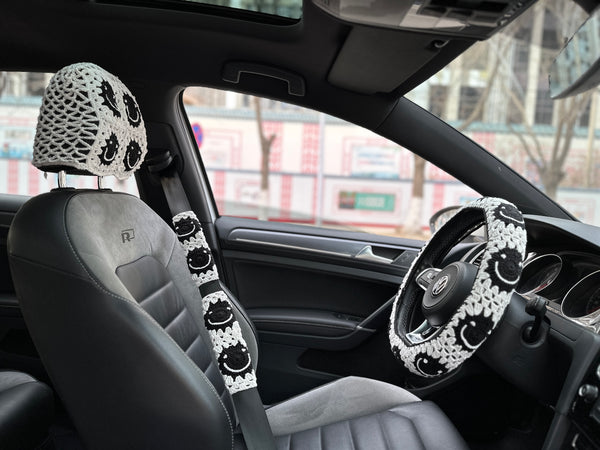 White Smile Car Steering Wheel Cover, Handmade Crochet Smile Seat Belt Cover, Smile Headrest Cover, Car Decoration Seat Belt Cover