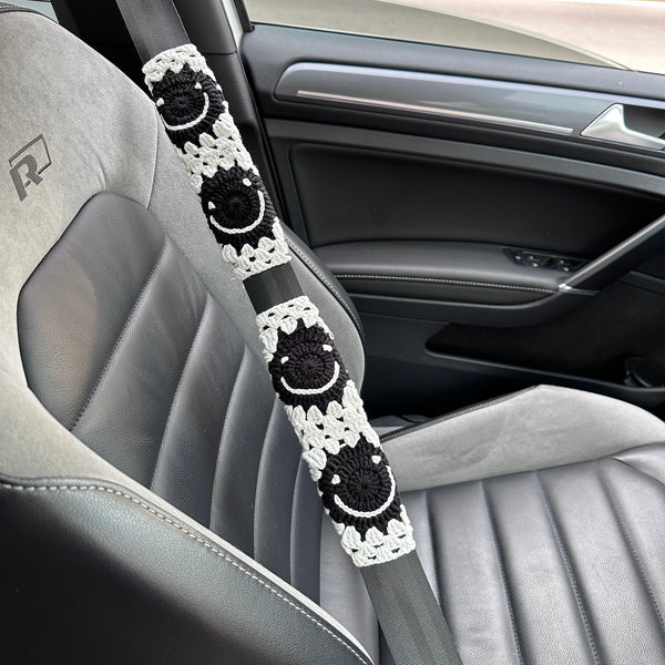 White Smile Car Steering Wheel Cover, Handmade Crochet Smile Seat Belt Cover, Smile Headrest Cover, Car Decoration Seat Belt Cover