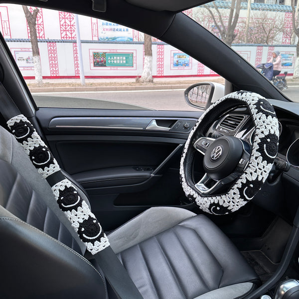 White Smile Car Steering Wheel Cover, Handmade Crochet Smile Seat Belt Cover, Smile Headrest Cover, Car Decoration Seat Belt Cover