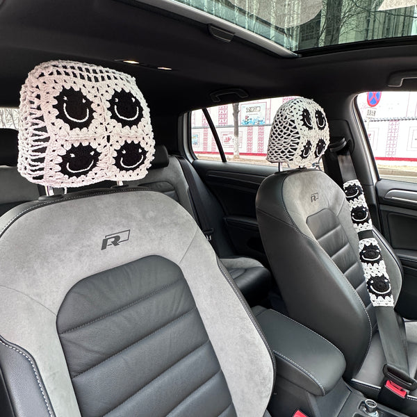 White Smile Car Steering Wheel Cover, Handmade Crochet Smile Seat Belt Cover, Smile Headrest Cover, Car Decoration Seat Belt Cover