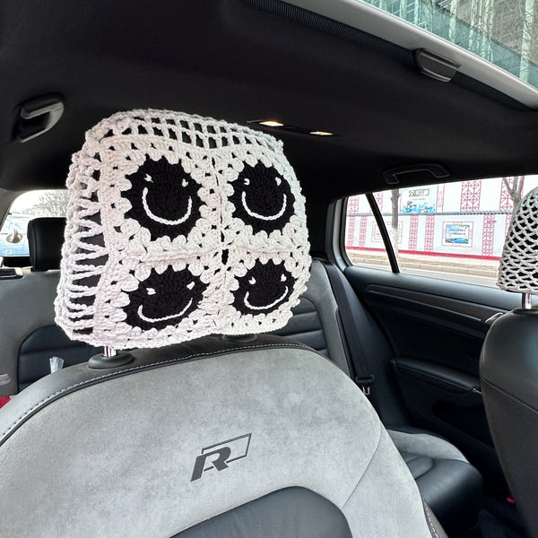 White Smile Car Steering Wheel Cover, Handmade Crochet Smile Seat Belt Cover, Smile Headrest Cover, Car Decoration Seat Belt Cover