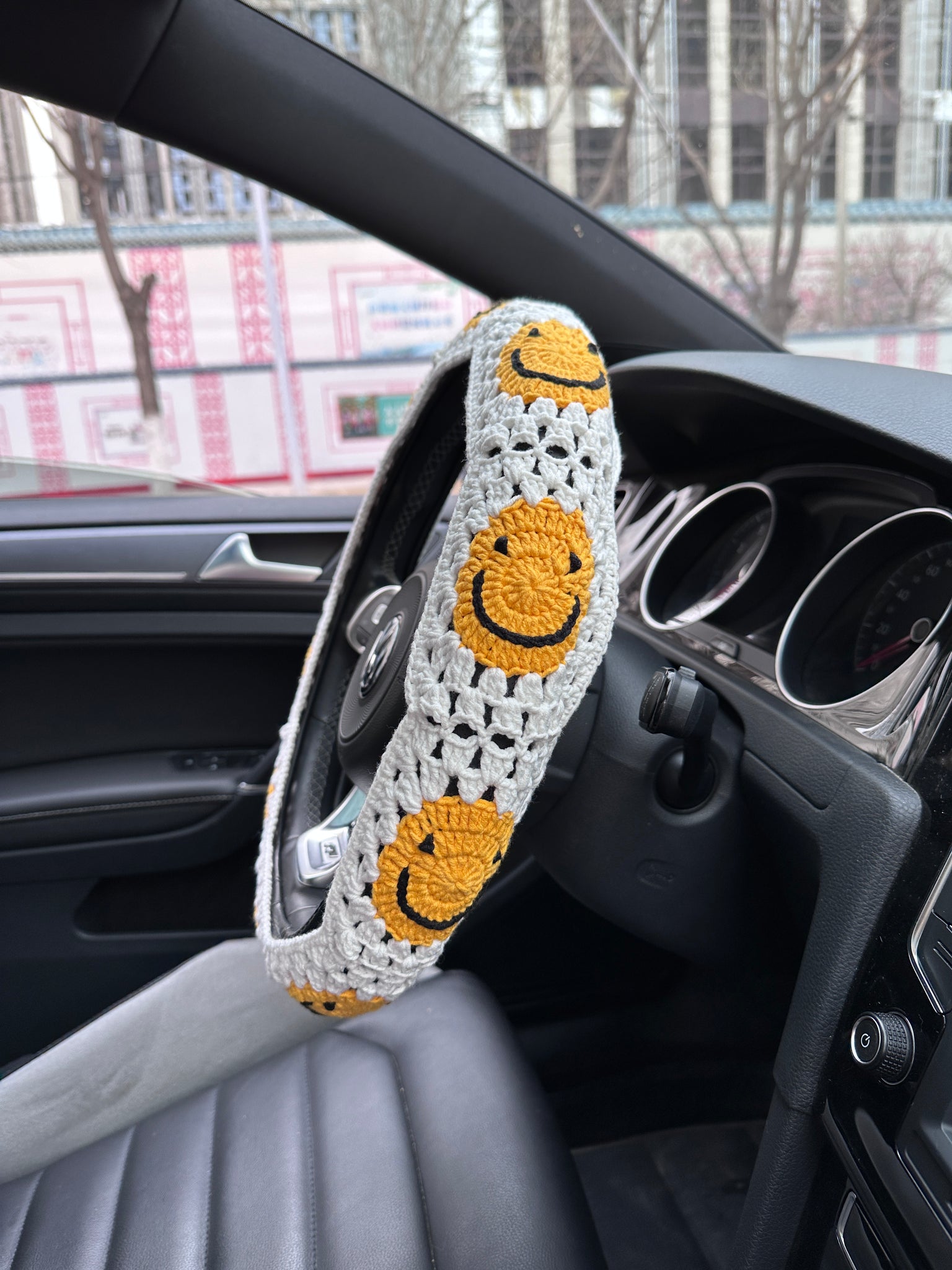 White Smile Car Steering Wheel Cover, Handmade Crochet Smile Seat Belt Cover, Smile Headrest Cover, Car Decoration Seat Belt Cover