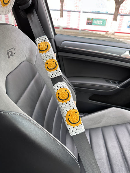 White Smile Car Steering Wheel Cover, Handmade Crochet Smile Seat Belt Cover, Smile Headrest Cover, Car Decoration Seat Belt Cover