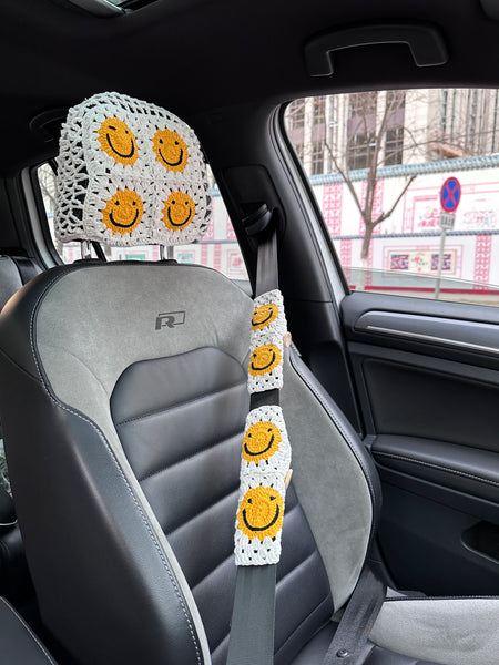 White Smile Car Steering Wheel Cover, Handmade Crochet Smile Seat Belt Cover, Smile Headrest Cover, Car Decoration Seat Belt Cover