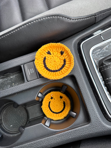 White Smile Car Steering Wheel Cover, Handmade Crochet Smile Seat Belt Cover, Smile Headrest Cover, Car Decoration Seat Belt Cover