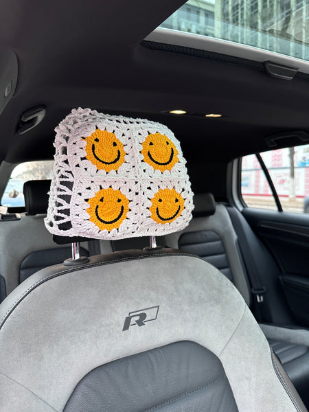 White Smile Car Steering Wheel Cover, Handmade Crochet Smile Seat Belt Cover, Smile Headrest Cover, Car Decoration Seat Belt Cover