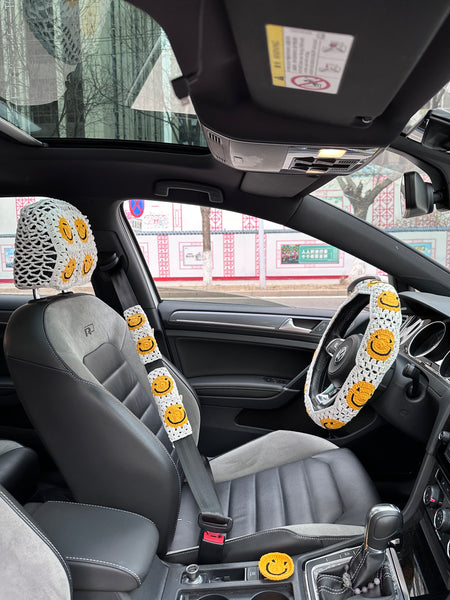White Smile Car Steering Wheel Cover, Handmade Crochet Smile Seat Belt Cover, Smile Headrest Cover, Car Decoration Seat Belt Cover