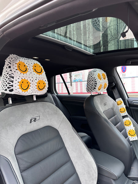 White Smile Car Steering Wheel Cover, Handmade Crochet Smile Seat Belt Cover, Smile Headrest Cover, Car Decoration Seat Belt Cover