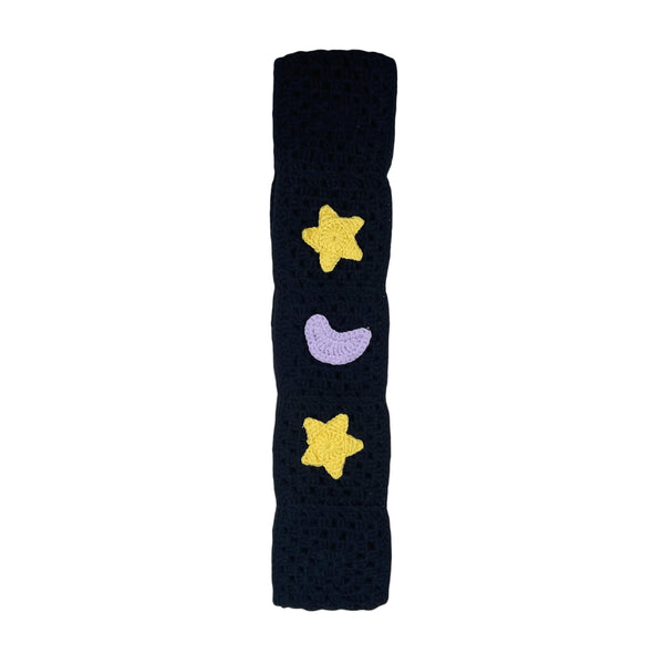 Handmade Crochet Black star and moon Steering Wheel Cover for Women Girl, Cute Colorful Flower Seat Belt Cover, Car Interior Accessories Decorations.