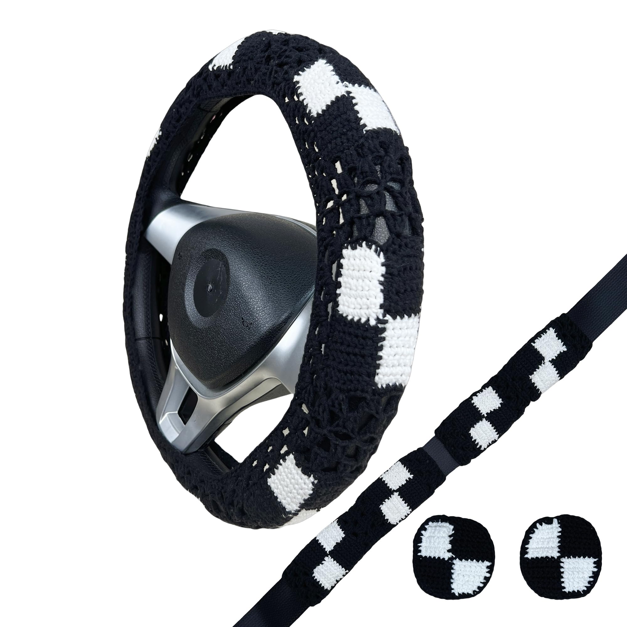 Handmade Crochet CheckBoard Steering Wheel Covers Universal 14-15 inch for Women and Men