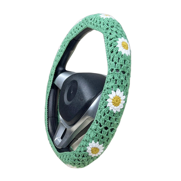 Handmade Crochet light Green Daisy Steering Wheel Covers Universal 14-15 inch for Women and Men