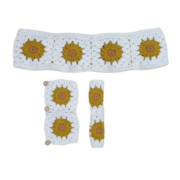 Handmade yellow flower Crochet Steering Wheel Cover for Women Girl, Cute Colorful Flower Seat Belt Cover, Car Interior Accessories Decorations.