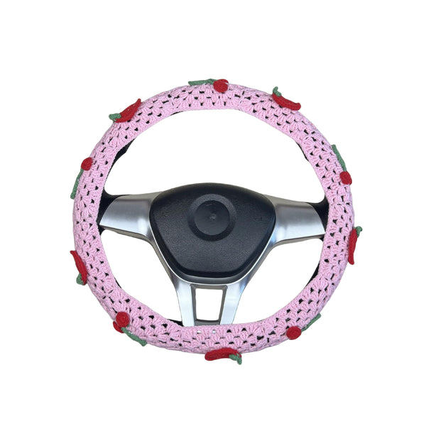 Handmade Crochet  Pink cute Cherry and strawberry Car Steering Wheel Covers Universal 14-15 inch for Women and Men