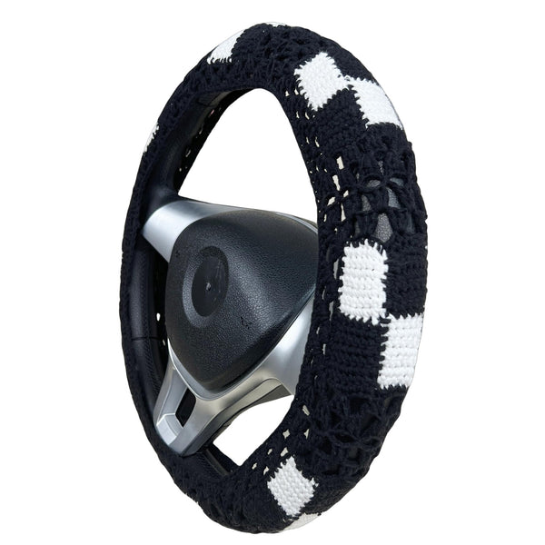 Handmade Crochet CheckBoard Steering Wheel Covers Universal 14-15 inch for Women and Men