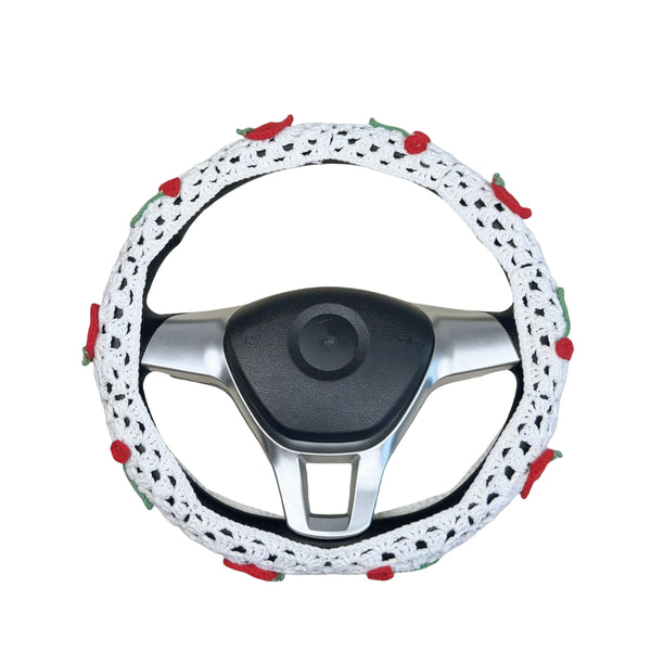 Handmade Crochet  White cute Cherry and strawberry Car Steering Wheel Covers Universal 14-15 inch for Women and Men