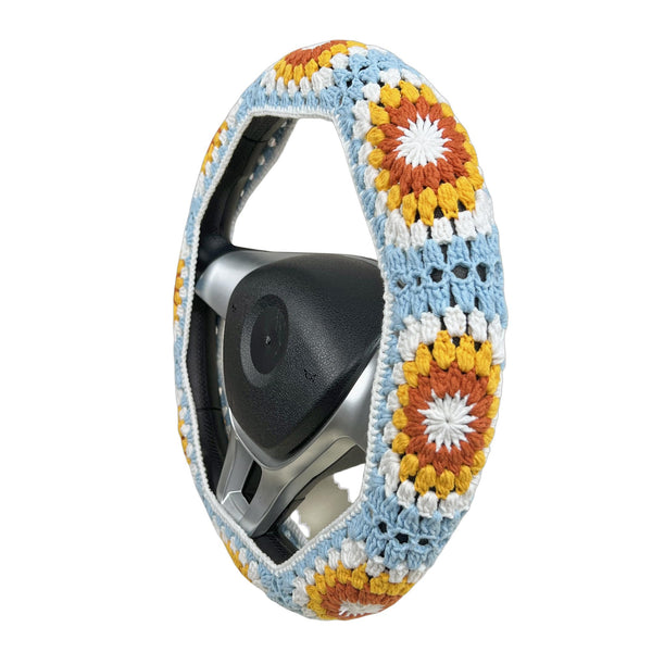 Handmade Crochet light blue sunflower Steering Wheel Covers Universal 14-15 inch for Women and Men