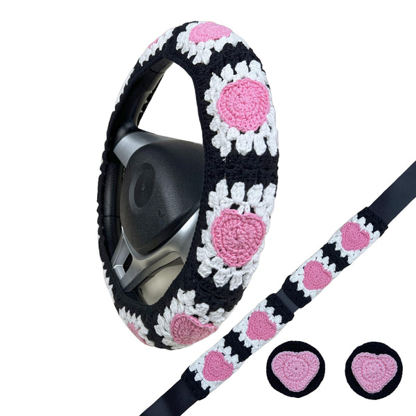 Handmade Crochet Pink Love Heart Steering Wheel Covers Universal 14-15 inch for Women and Men