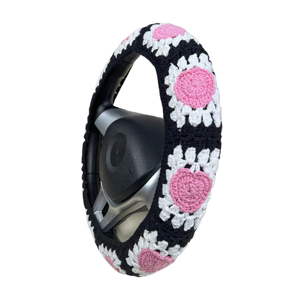 Handmade Crochet Pink Love Heart Steering Wheel Covers Universal 14-15 inch for Women and Men