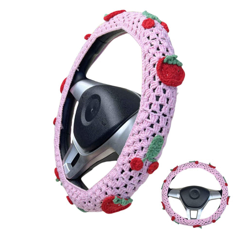 Handmade Crochet  Pink cute Cherry and strawberry Car Steering Wheel Covers Universal 14-15 inch for Women and Men