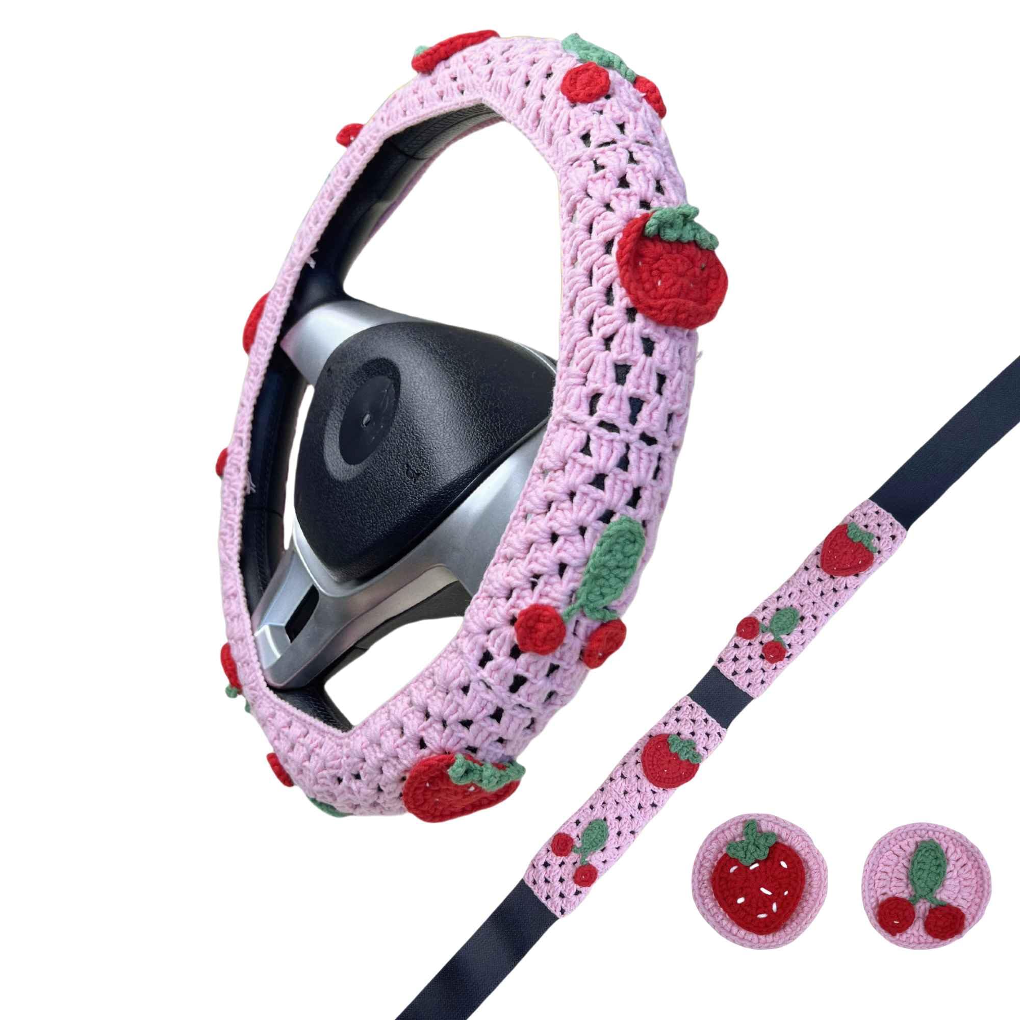 Handmade Crochet  Pink cute Cherry and strawberry Car Steering Wheel Covers Universal 14-15 inch for Women and Men
