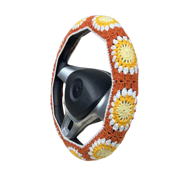 Handmade Crochet Orange Daisy Steering Wheel Covers Universal 14-15 inch for Women and Men