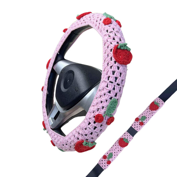 Handmade Crochet  Pink cute Cherry and strawberry Car Steering Wheel Covers Universal 14-15 inch for Women and Men