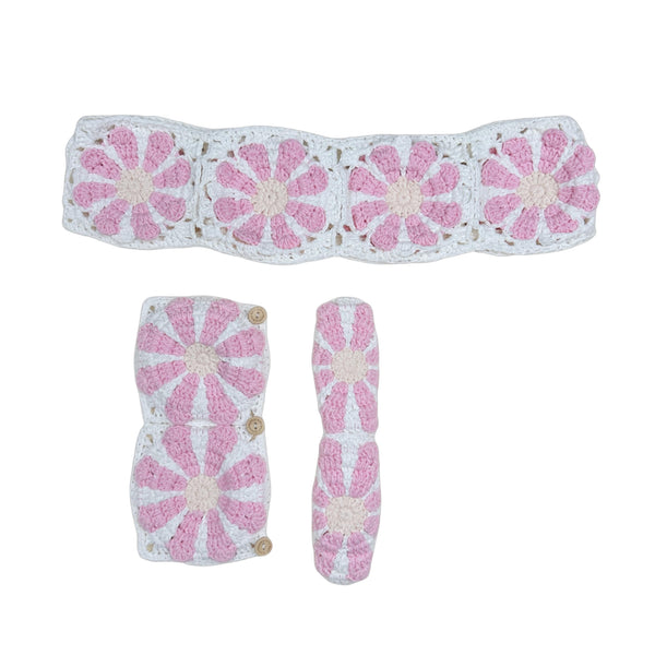 Handmade Crochet Pink daisy Steering Wheel Cover for Women Girl, Cute Colorful Flower Seat Belt Cover, Car Interior Accessories Decorations.