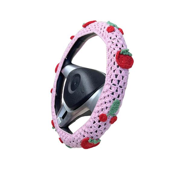 Handmade Crochet  Pink cute Cherry and strawberry Car Steering Wheel Covers Universal 14-15 inch for Women and Men