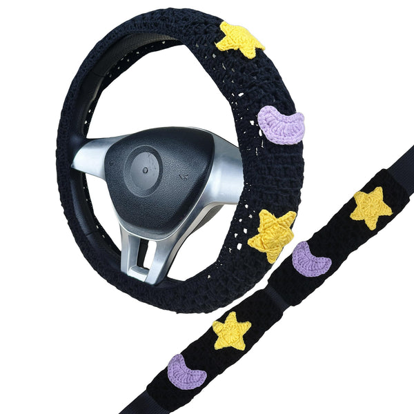Handmade Crochet Black star and moon Steering Wheel Cover for Women Girl, Cute Colorful Flower Seat Belt Cover, Car Interior Accessories Decorations.