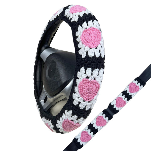 Handmade Crochet Pink Love Heart Steering Wheel Covers Universal 14-15 inch for Women and Men