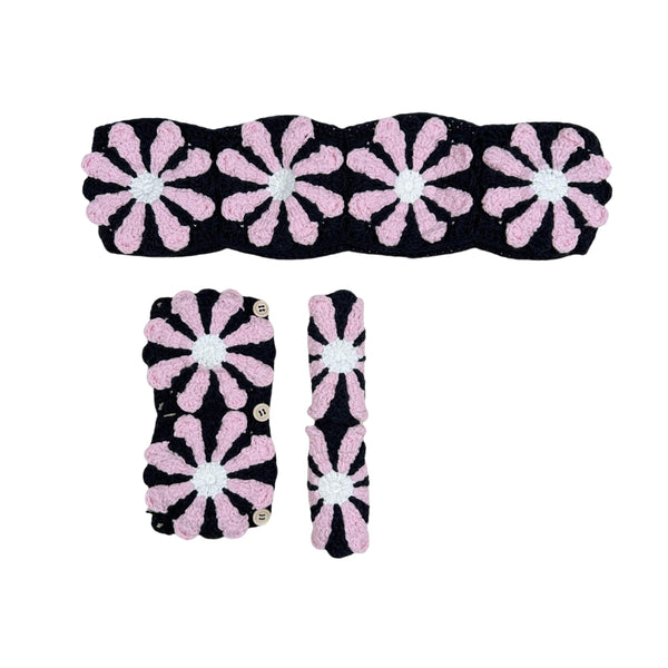 Handmade Crochet black pink daisy  Steering Wheel Cover for Women Girl, Cute Colorful Flower Seat Belt Cover, Car Interior Accessories Decorations.