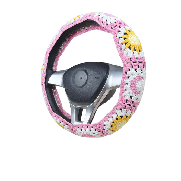 Handmade Crochet Pink Sun and moon Steering Wheel Cover for Women Girl, Cute Flower Seat Belt Cover, Car Interior Accessories Decorations,new car gift