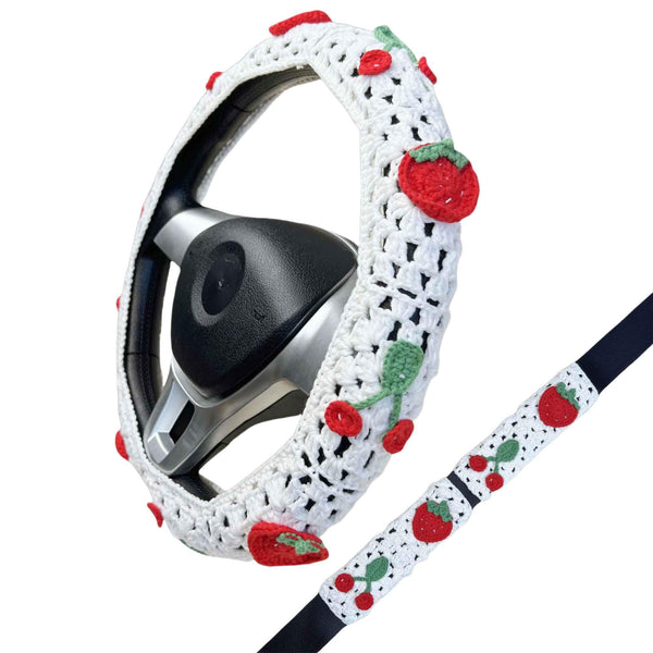 Handmade Crochet  White cute Cherry and strawberry Car Steering Wheel Covers Universal 14-15 inch for Women and Men