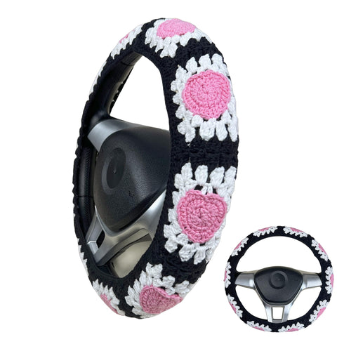 Handmade Crochet Pink Love Heart Steering Wheel Covers Universal 14-15 inch for Women and Men