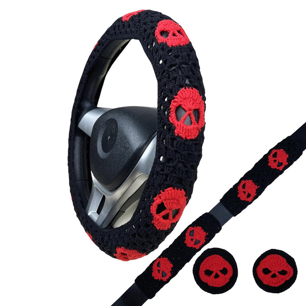 Handmade Crochet Gothic red skull Steering Wheel Covers Universal 14-15 inch for Women and Men