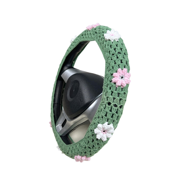 Handmade Crochet Cute Pink Daisy Steering Wheel Covers Universal 14-15 inch for Women and Men