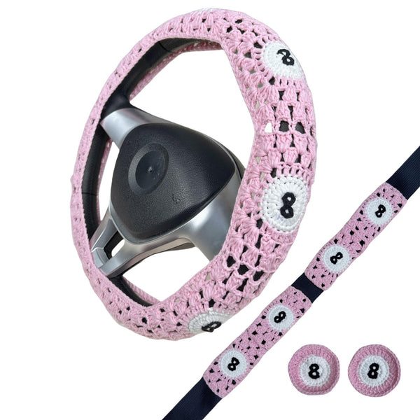 Handmade Crochet  Pink 8 Ball Steering Wheel Covers Universal 14-15 inch for Women and Men,New Car Gift,Handmade Gift