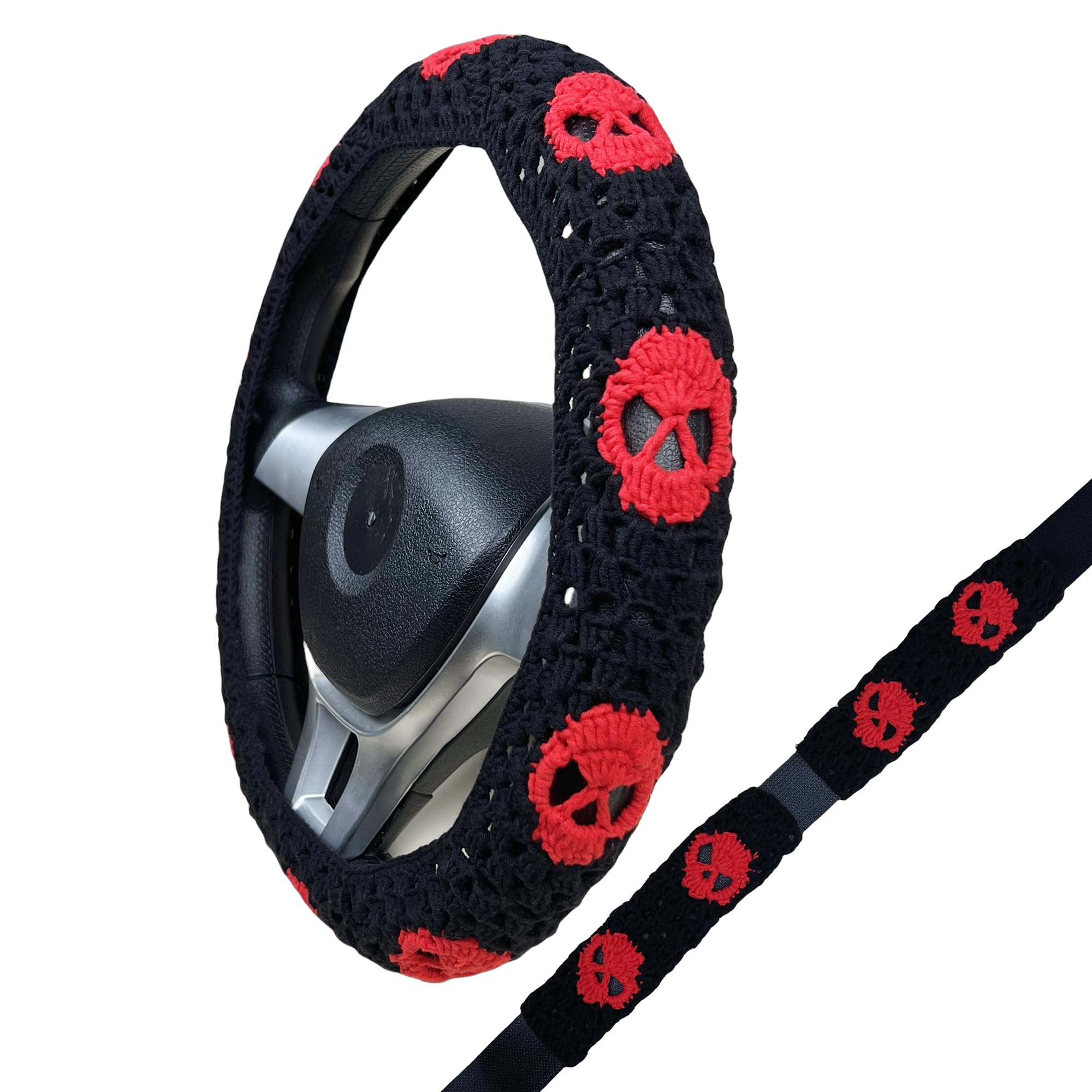 Handmade Crochet Gothic red skull Steering Wheel Covers Universal 14-15 inch for Women and Men