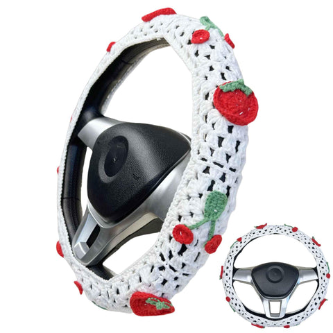Handmade Crochet  White cute Cherry and strawberry Car Steering Wheel Covers Universal 14-15 inch for Women and Men