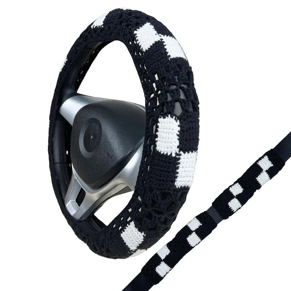 Handmade Crochet CheckBoard Steering Wheel Covers Universal 14-15 inch for Women and Men